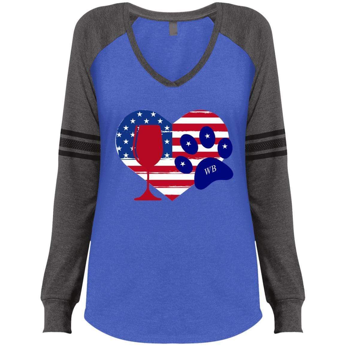 T-Shirts Heathered True Royal/Heathered Charcoal / X-Small WineyBitches.Co American Wine Paw Heart Ladies' Game LS V-Neck T-Shirt WineyBitchesCo