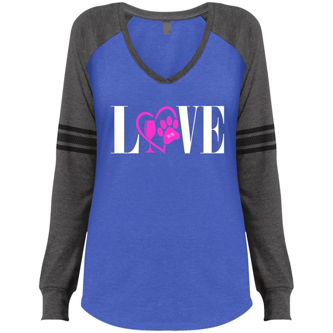 T-Shirts Heathered True Royal/Heathered Charcoal / X-Small WineyBitches.co "Love Paw" Collection -Wht Lettering Ladies' Game LS V-Neck T-Shirt WineyBitchesCo