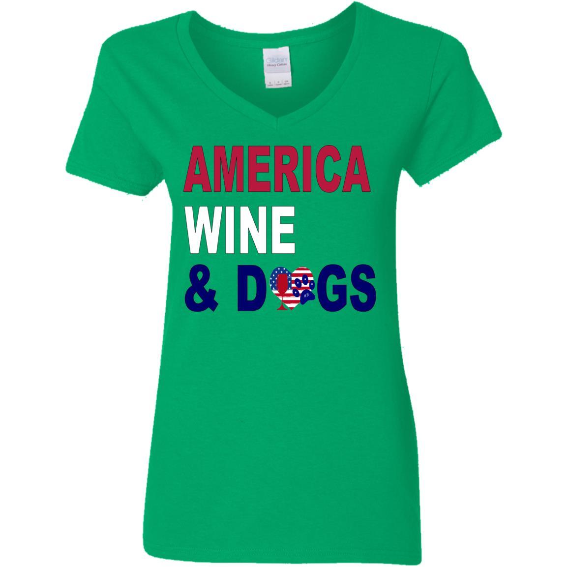 T-Shirts Irish Green / S WineyBitches.Co "America Wine and Dogs" Ladies' 5.3 oz. V-Neck T-Shirt WineyBitchesCo