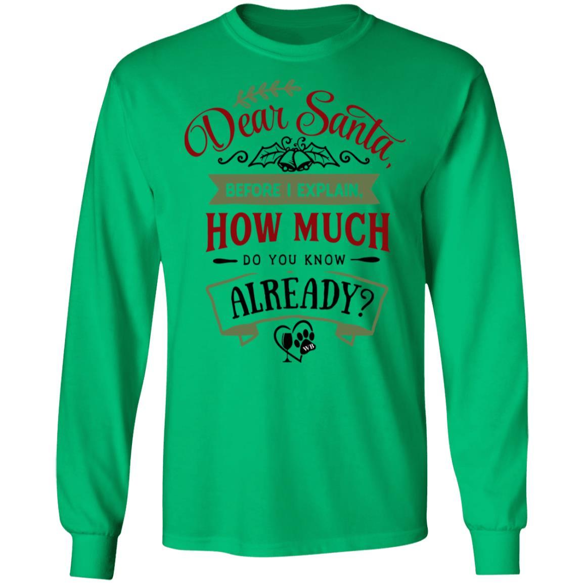 T-Shirts Irish Green / S WineyBitches.Co 'Dear Santa, Before I Explain, How Much Do You Know Already?" LS Ultra Cotton T-Shirt WineyBitchesCo