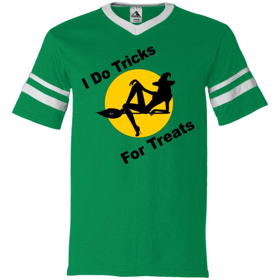 T-Shirts Kelly/White / S WineyBitches.Co "I Do Tricks For Treats" V-Neck Sleeve Stripe Jersey WineyBitchesCo
