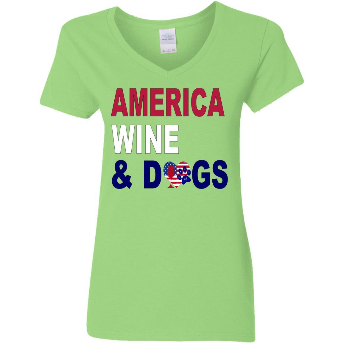 T-Shirts Lime / S WineyBitches.Co "America Wine and Dogs" Ladies' 5.3 oz. V-Neck T-Shirt WineyBitchesCo
