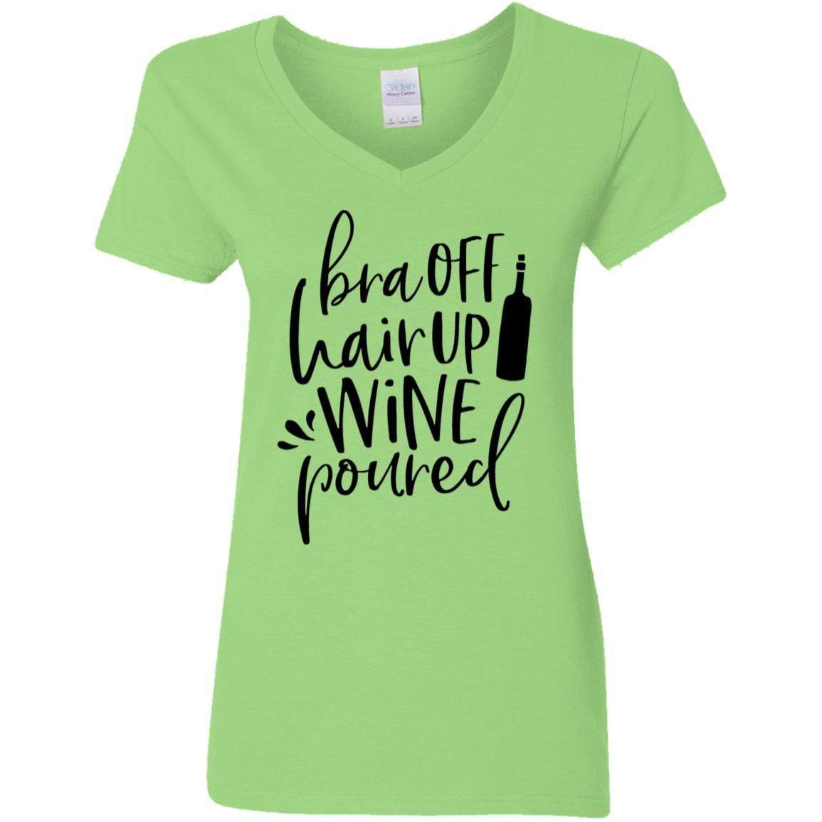 T-Shirts Lime / S WineyBitches.Co Bra Off Hair Up Wine Poured Ladies' 5.3 oz. V-Neck T-Shirt (Blk Lettering) WineyBitchesCo