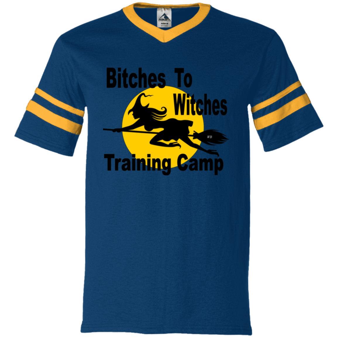 T-Shirts Navy/Gold / S WineyBitches.Co "Bitches To Witches Training Camp" V-Neck Sleeve Stripe Jersey WineyBitchesCo