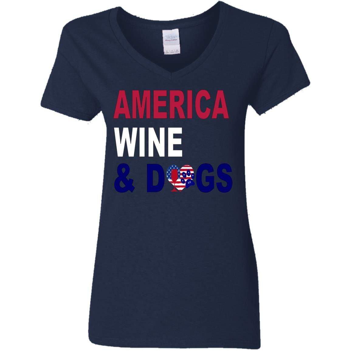 T-Shirts Navy / S WineyBitches.Co "America Wine and Dogs" Ladies' 5.3 oz. V-Neck T-Shirt WineyBitchesCo
