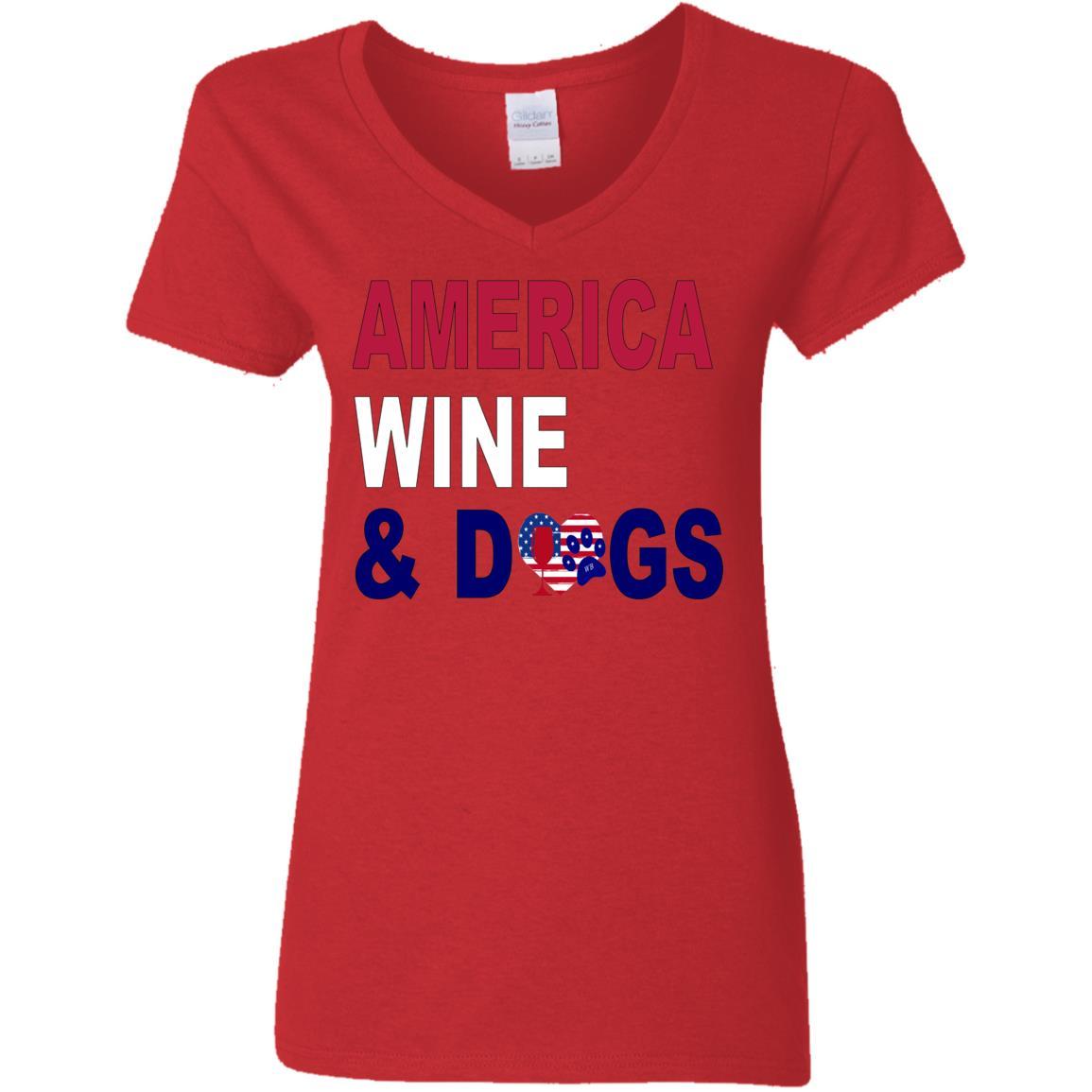 T-Shirts Red / S WineyBitches.Co "America Wine and Dogs" Ladies' 5.3 oz. V-Neck T-Shirt WineyBitchesCo