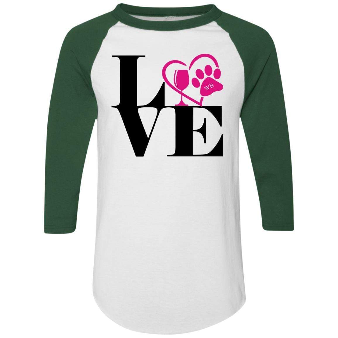 T-Shirts White/Dark Green / S WineyBitches.Co "Love Paw 2" Augusta Colorblock Raglan Jersey WineyBitchesCo
