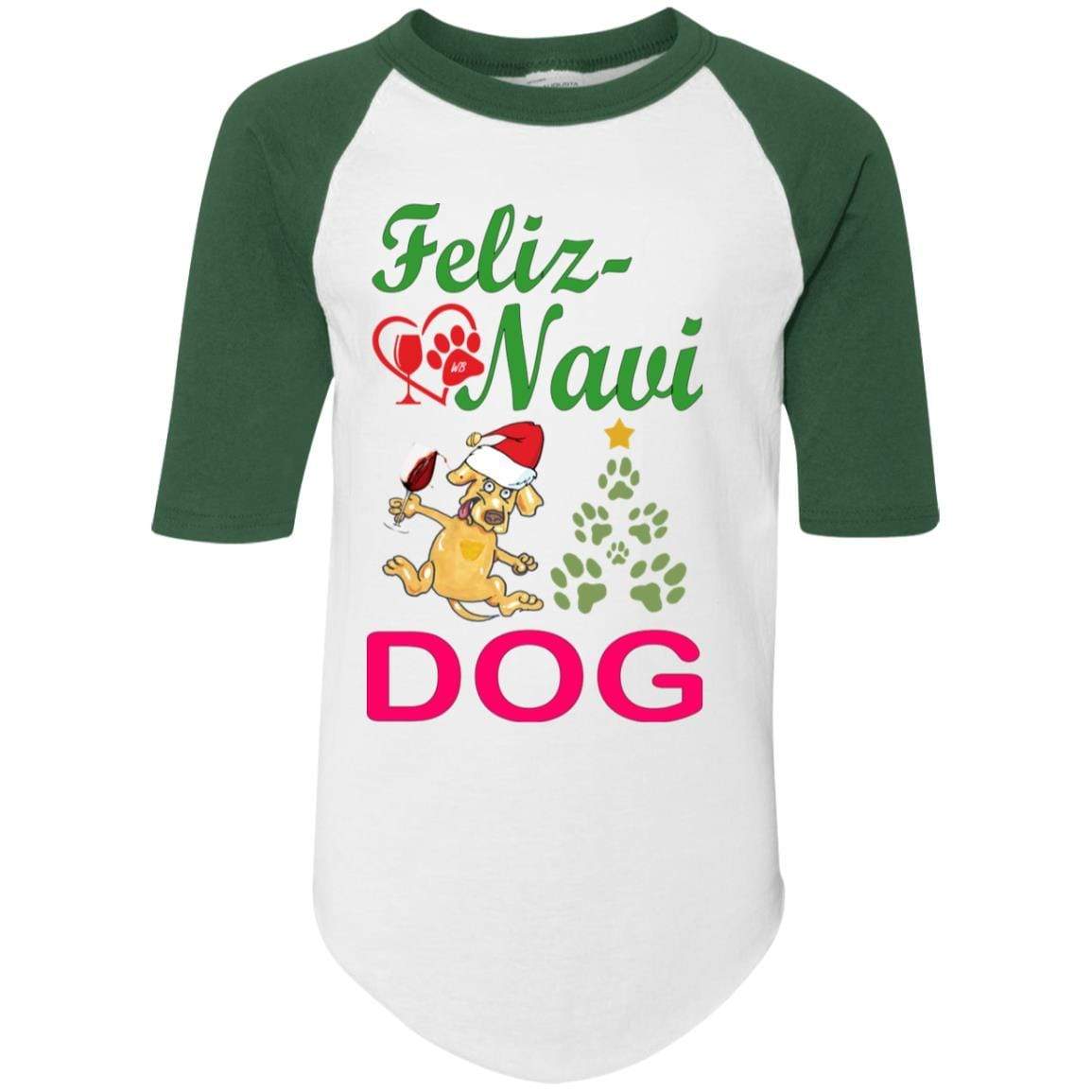 T-Shirts White/Dark Green / YS WineyBitches.co Feliz Navi Dog Youth Colorblock Raglan Jersey WineyBitchesCo