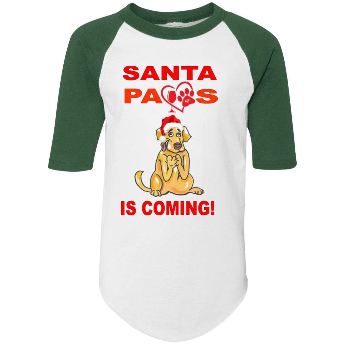 T-Shirts White/Dark Green / YS WineyBitches.co Santa Paws Is Coming Youth Colorblock Raglan Jersey WineyBitchesCo