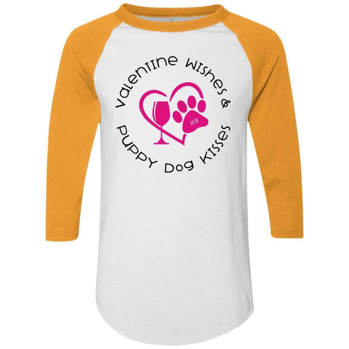 T-Shirts White/Gold / S Winey Bitches Co 'Valentine Wishes and Puppy Dog Kisses" (Heart) Colorblock Raglan Jersey WineyBitchesCo