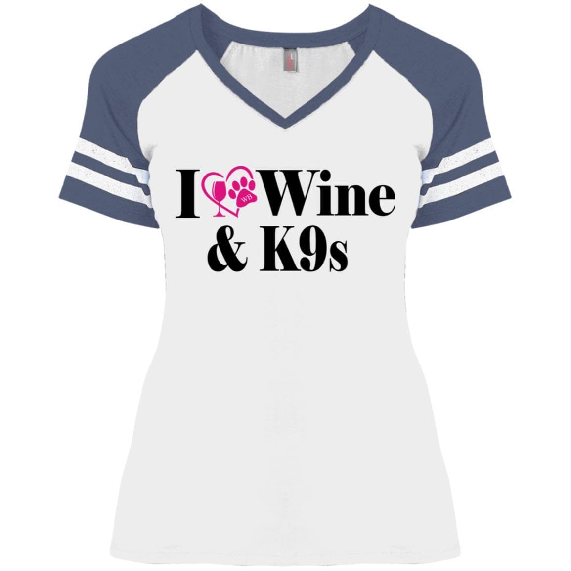 T-Shirts White/Heather Navy / X-Small WineyBitches.Co "I Love Wine and K9s" Ladies' Game V-Neck T-Shirt WineyBitchesCo
