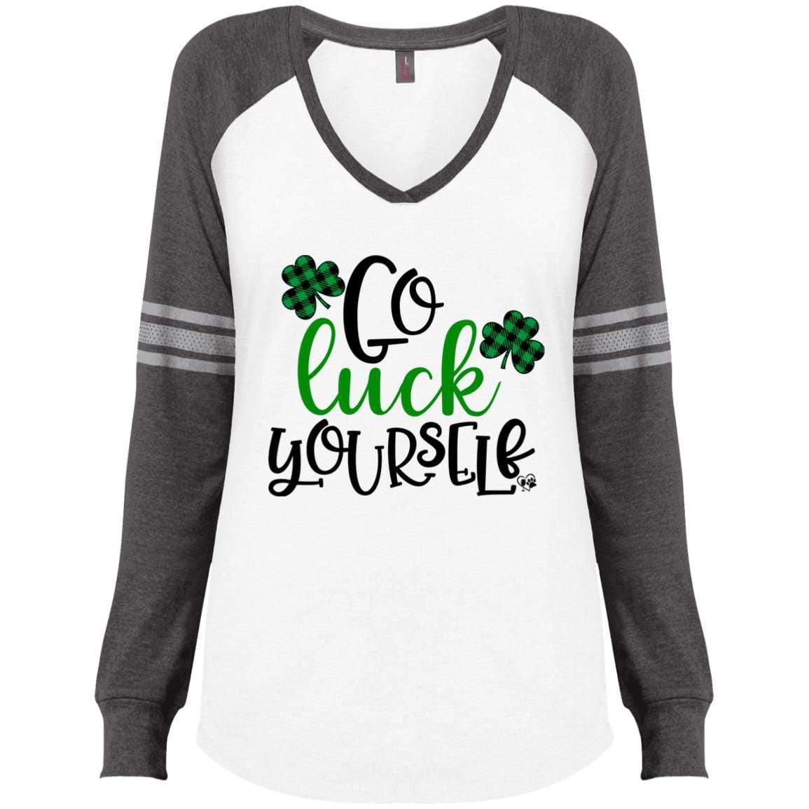 T-Shirts White/Heathered Charcoal / X-Small Winey Bitches Co Ladies' Game LS V-Neck T-Shirt WineyBitchesCo