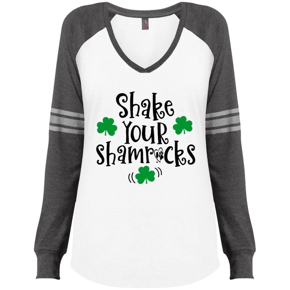 T-Shirts White/Heathered Charcoal / X-Small Winey Bitches Co Ladies' Game LS V-Neck T-Shirt WineyBitchesCo