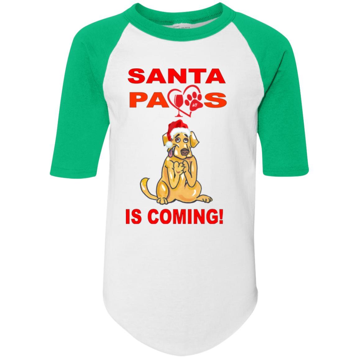 T-Shirts White/Kelly / YS WineyBitches.co Santa Paws Is Coming Youth Colorblock Raglan Jersey WineyBitchesCo