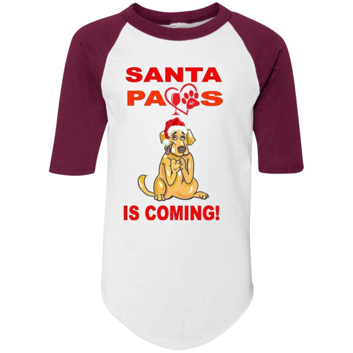 T-Shirts White/Maroon / YS WineyBitches.co Santa Paws Is Coming Youth Colorblock Raglan Jersey WineyBitchesCo