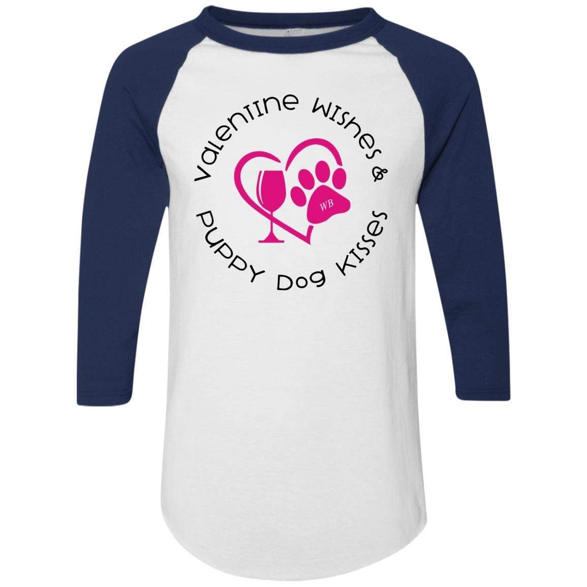 T-Shirts White/Navy / S Winey Bitches Co 'Valentine Wishes and Puppy Dog Kisses" (Heart) Colorblock Raglan Jersey WineyBitchesCo