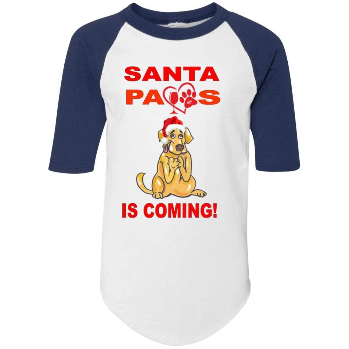 T-Shirts White/Navy / YS WineyBitches.co Santa Paws Is Coming Youth Colorblock Raglan Jersey WineyBitchesCo