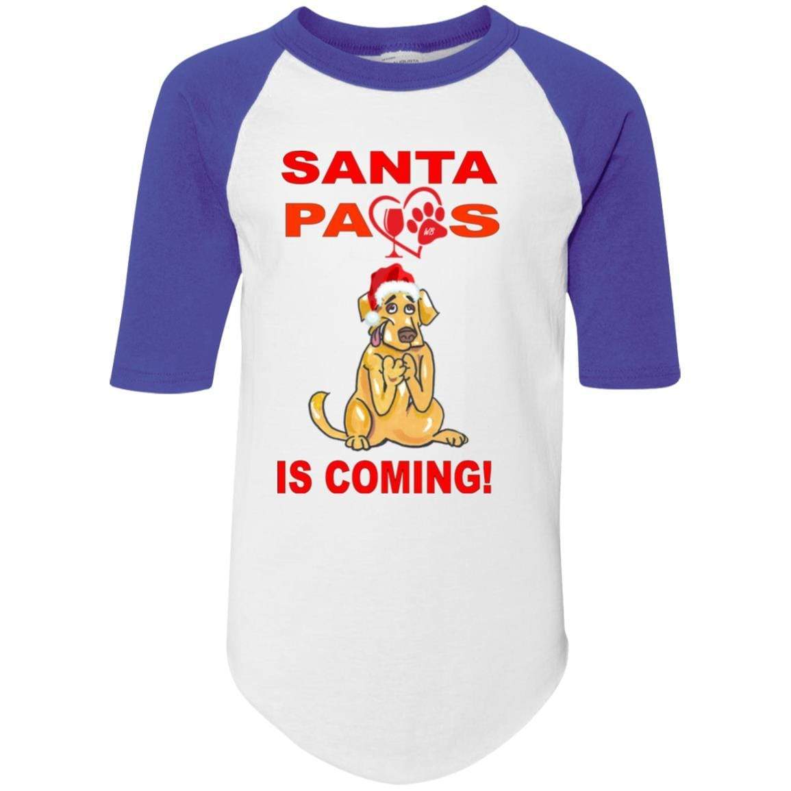 T-Shirts White/Purple / YS WineyBitches.co Santa Paws Is Coming Youth Colorblock Raglan Jersey WineyBitchesCo
