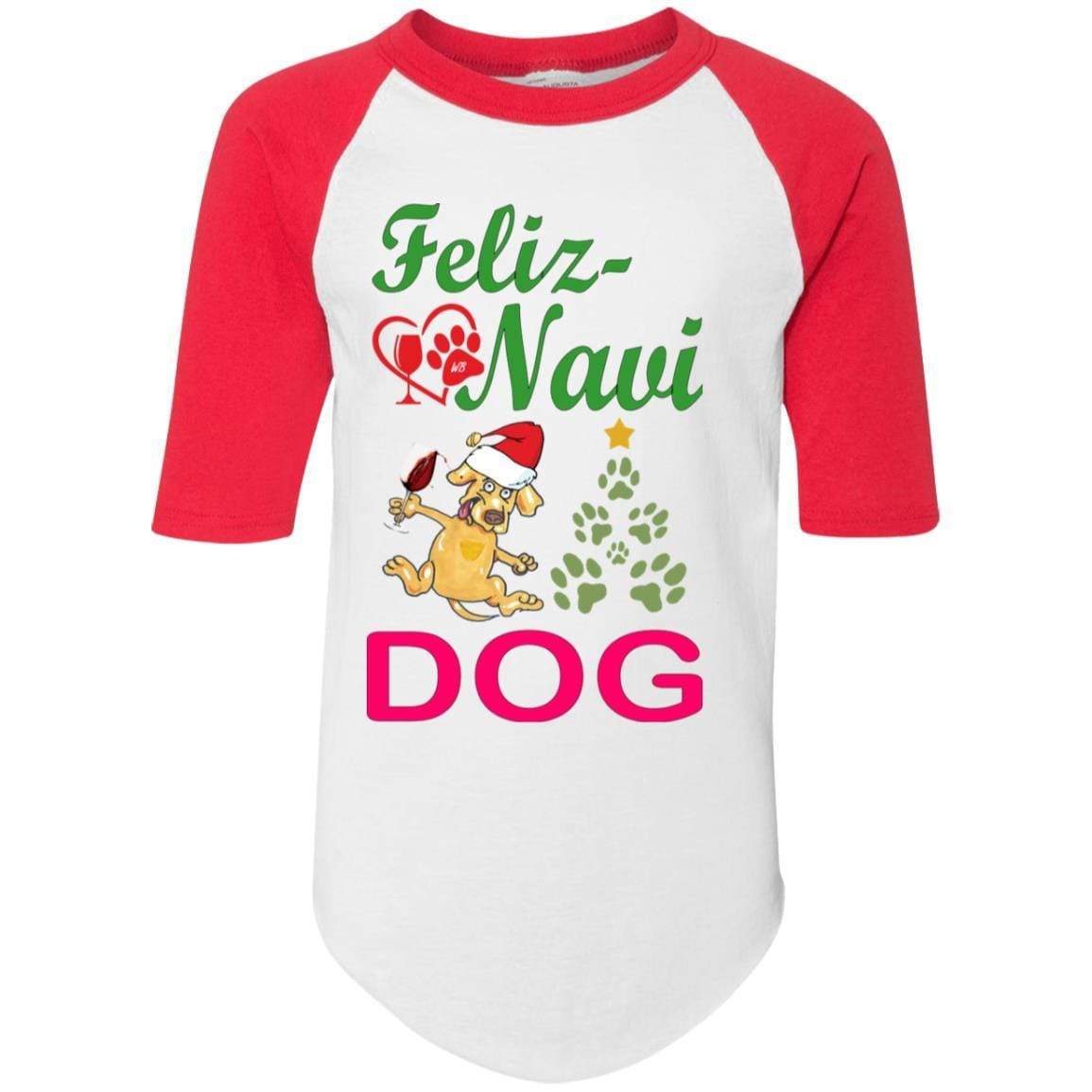 T-Shirts White/Red / YS WineyBitches.co Feliz Navi Dog Youth Colorblock Raglan Jersey WineyBitchesCo