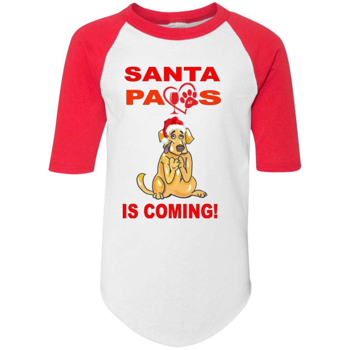 T-Shirts White/Red / YS WineyBitches.co Santa Paws Is Coming Youth Colorblock Raglan Jersey WineyBitchesCo