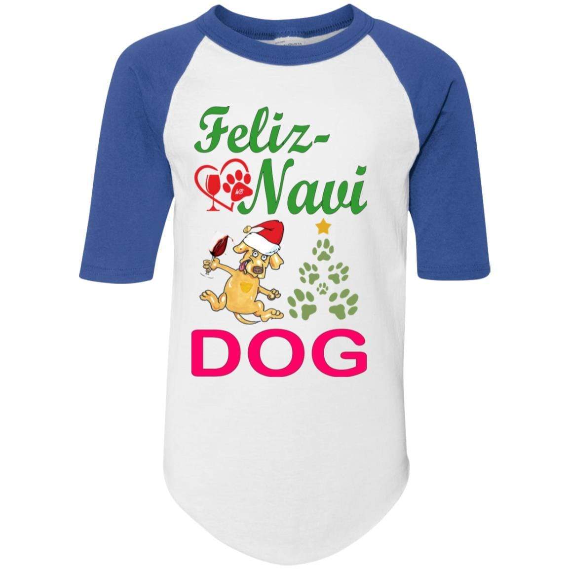 T-Shirts White/Royal / YS WineyBitches.co Feliz Navi Dog Youth Colorblock Raglan Jersey WineyBitchesCo