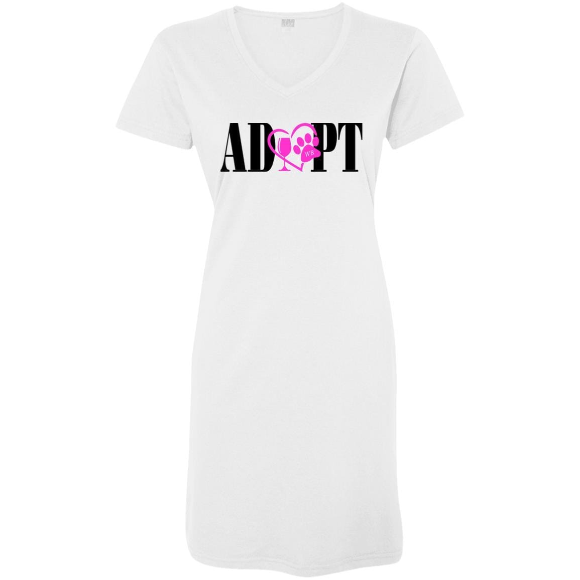 T-Shirts White / S/M WineyBitches.Co “Adopt” Ladies' V-Neck Fine Jersey Cover-Up Dress- Pink Heart - Blk Lettering WineyBitchesCo