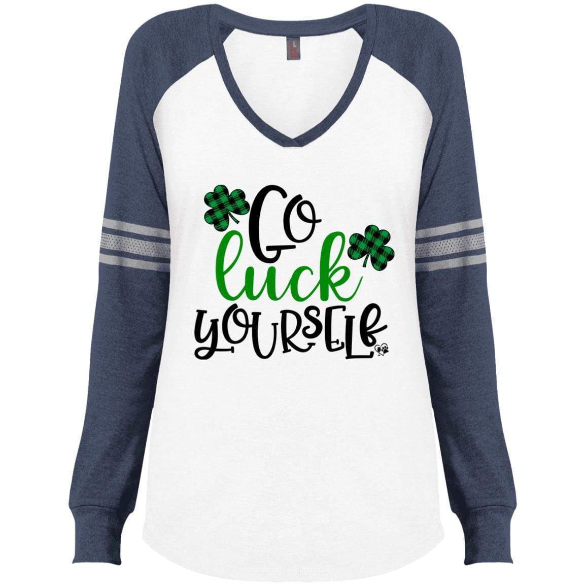T-Shirts White/True Heathered Navy / X-Small Winey Bitches Co Ladies' Game LS V-Neck T-Shirt WineyBitchesCo