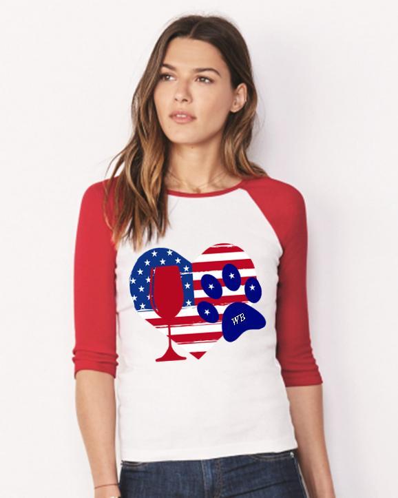 T-Shirts WineyBitches.Co American Wine Paw Heart Colorblock Raglan Jersey WineyBitchesCo