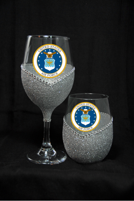 Military-Air Force Bling Stem or Stemless Wine Glasses-Choose your color
