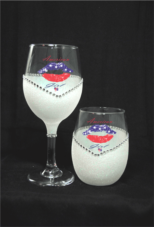 American Girl Stem or Stemless Wine Glasses-Choose your color-4th of July