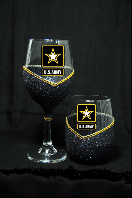Military-Army New Logo Bling Stem or Stemless Wine Glasses-Choose your color