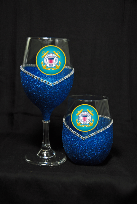 Military- Coast Guard Bling Stem or Stemless Wine Glasses-Choose your color