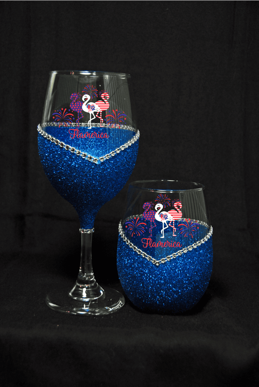 Flamerica Bling Stem or Stemless Wine Glasses-Choose your color-4th of July