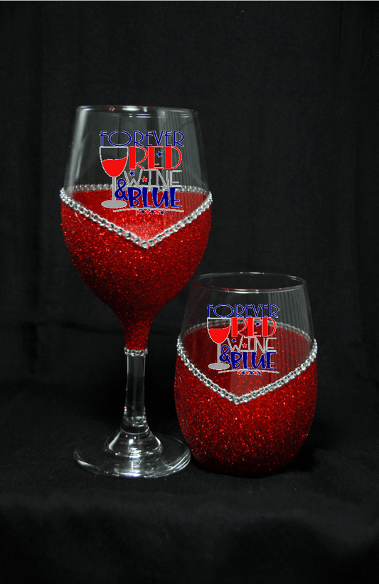 Forever Red Wine and Blue Stem or Stemless Wine Glasses-Choose your color-4th of July