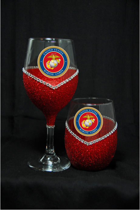 Military-Marines Bling Stem or Stemless Wine Glasses-Choose your color