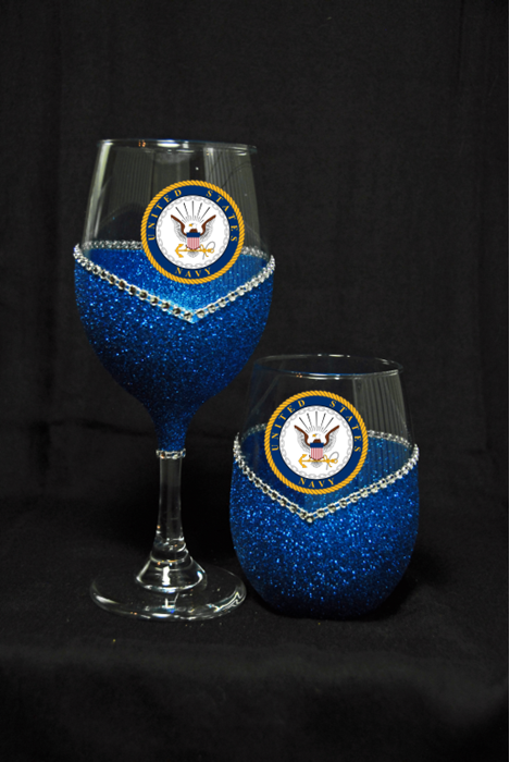 Military-Navy Bling Stem or Stemless Wine Glasses-Choose your color