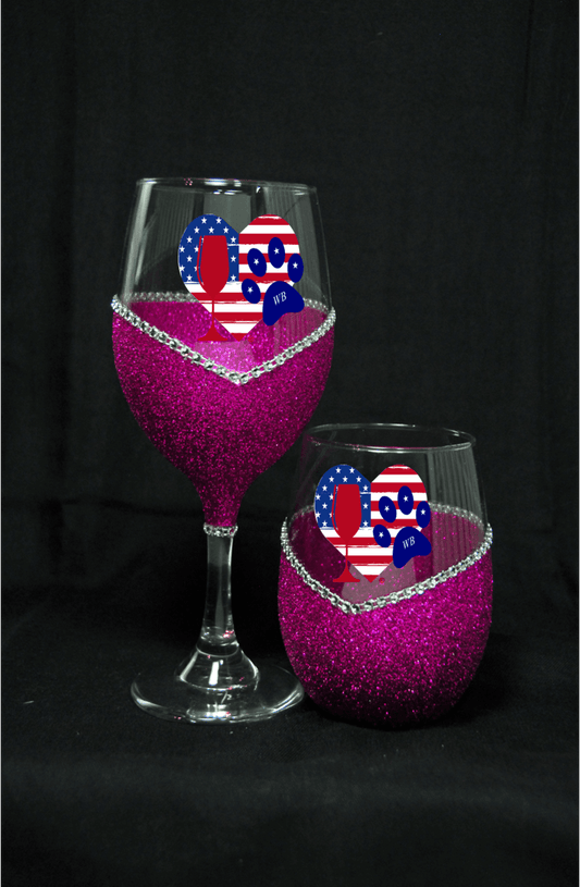 Patriotic Paw Heart Wine Stem or Stemless Wine Glasses-Choose your color-4th of July
