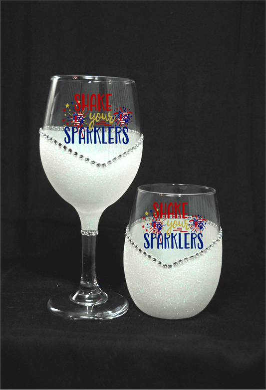 Shake Your Sparklers Bling Stem or Stemless Wine Glasses-Choose your color-4th of July