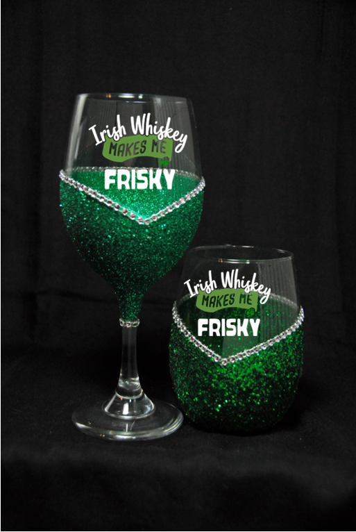 Winey Bitches Co "Whiskey Makes Me Frisky" Bling Stem or Stemless Wine Glasses-Choose your color