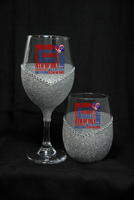 Freedom Squared Bling Stem or Stemless Wine Glasses-Choose your color-4th of July