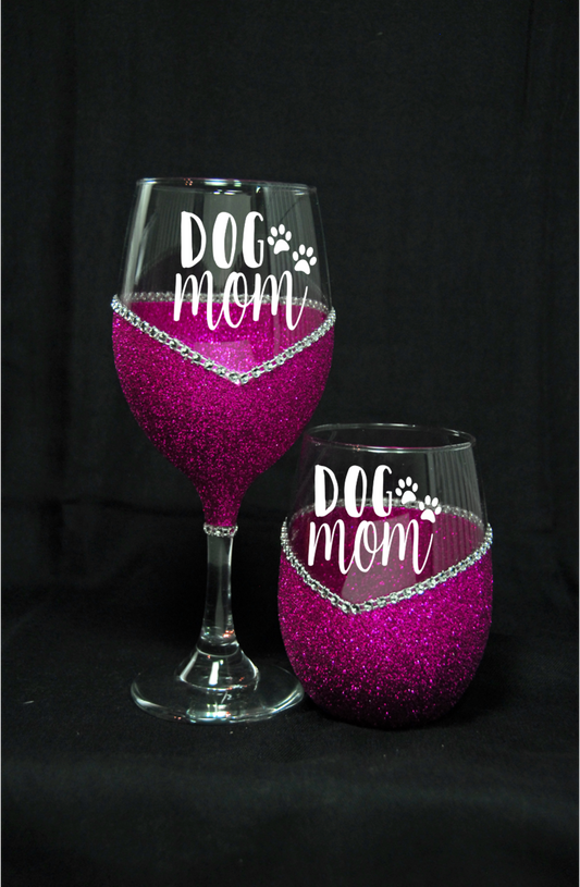 Dog Mom Saying with Paws- Bling Stem or Stemless Wine Glasses-Choose your color