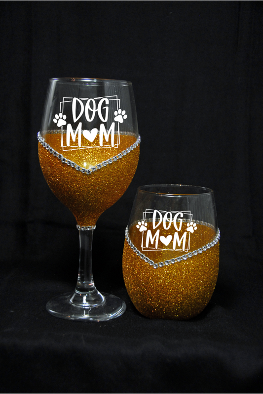 Dog Mom 2- Bling Stem or Stemless Wine Glasses-Choose your color