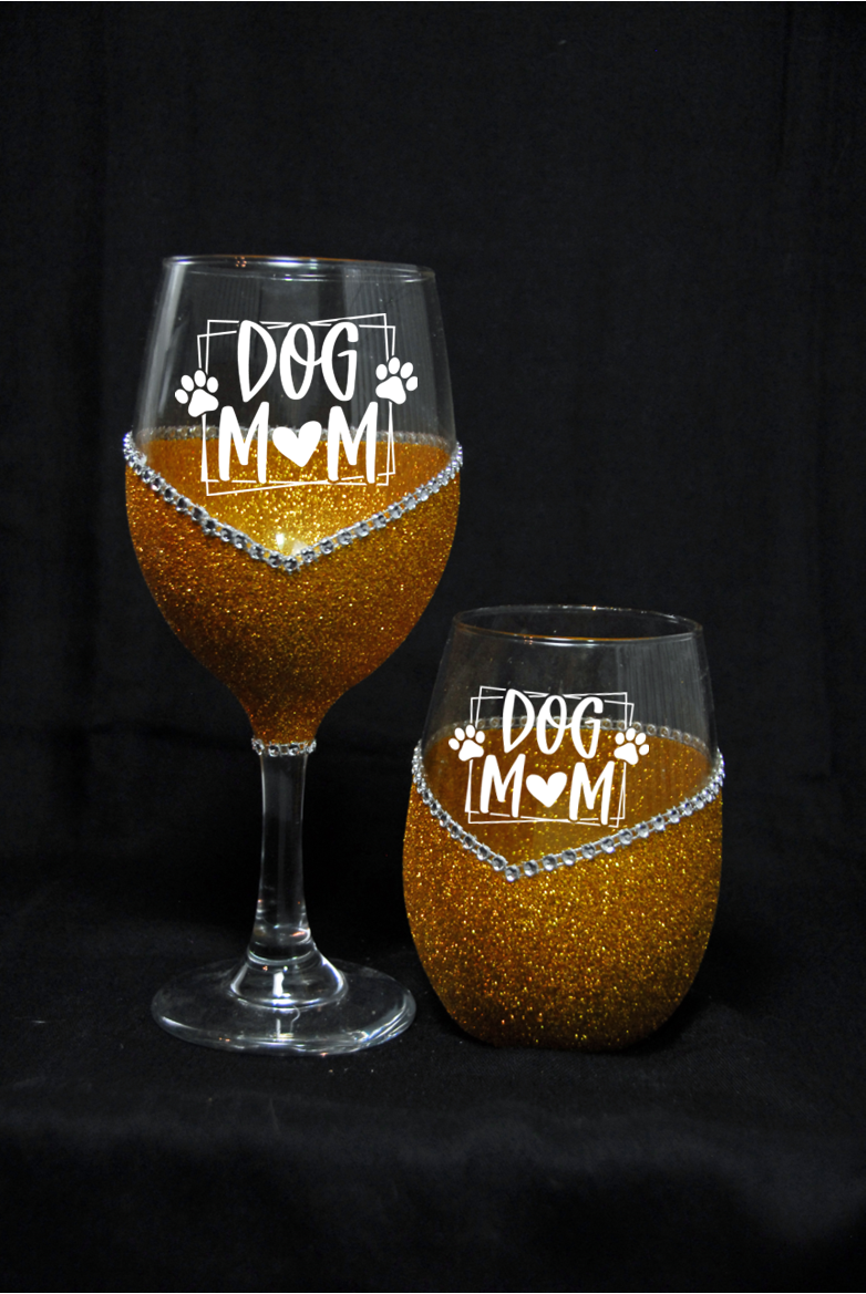 Dog Mom 2- Bling Stem or Stemless Wine Glasses-Choose your color