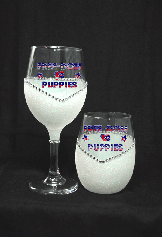 Free-Dom Puppies Bling Stem or Stemless Wine Glasses-Choose your color-4th of July