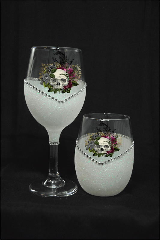 Floral Skull Design #2-Bling Stem or Stemless Wine Glasses-Choose your color-Pirate Theme - Winey Bitches - Wine- Women- K9's