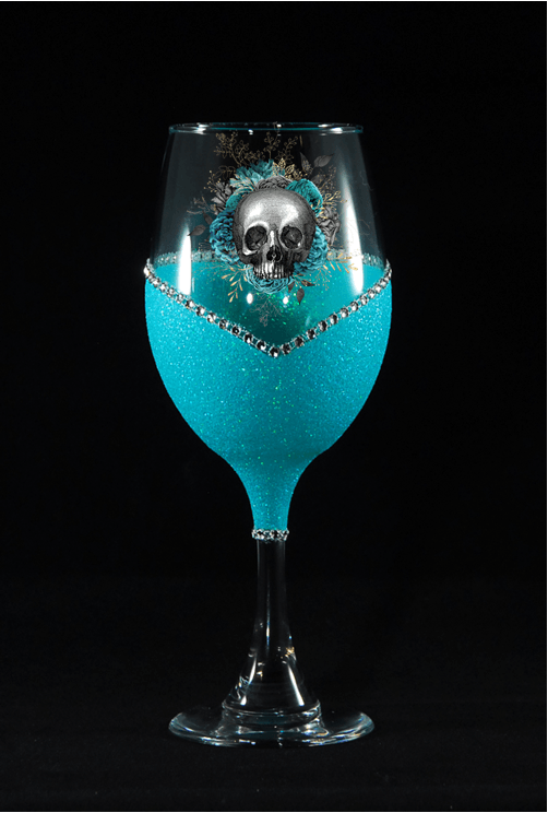 Floral Skull Design #3-Bling Stem or Stemless Wine Glasses-Choose your color-Pirate Theme - Winey Bitches - Wine- Women- K9's