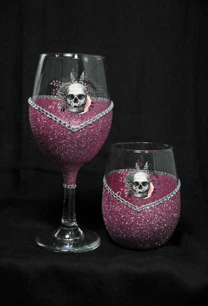Floral Skull Design #4-Bling Stem or Stemless Wine Glasses-Choose your color-Pirate Theme - Winey Bitches - Wine- Women- K9's