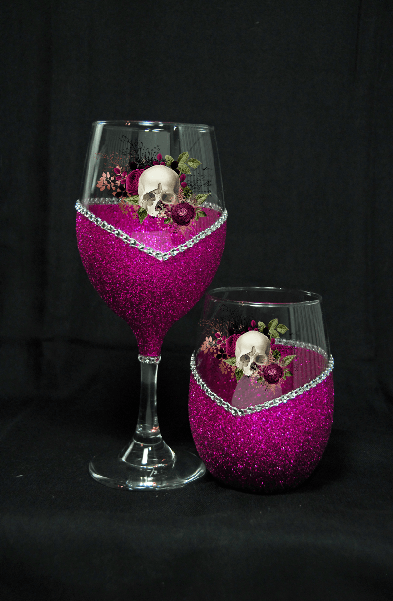 Floral Skull Design #6-Bling Stem or Stemless Wine Glasses-Choose your color-Pirate Theme - Winey Bitches - Wine- Women- K9's