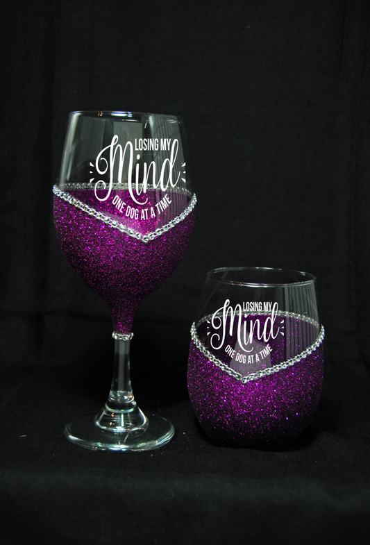 Loosing My Mind-One Dog At A Time - Bling Stem or Stemless Wine Glasses-Choose your color