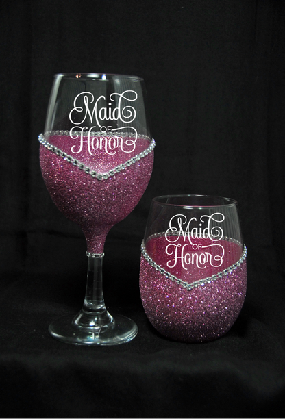 Winey Bitches Maid Of Honor, Wedding Day-Wedding Party Handmade Wine Glass- Choose your color, Stem or Stemless - WineyBitches.Co - Winey Bitches
